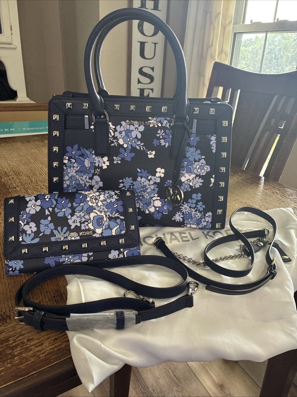Michael Kors Dillion Studded Satchel Bag And Wallet Crossbody Floral Blue NEW